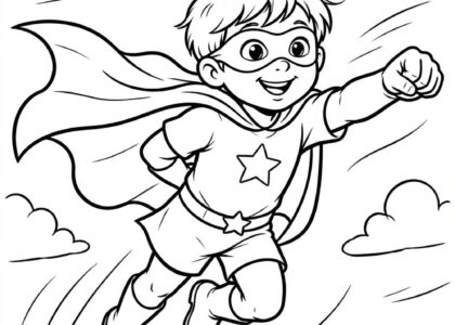 Free printable kid superhero flying coloring page
