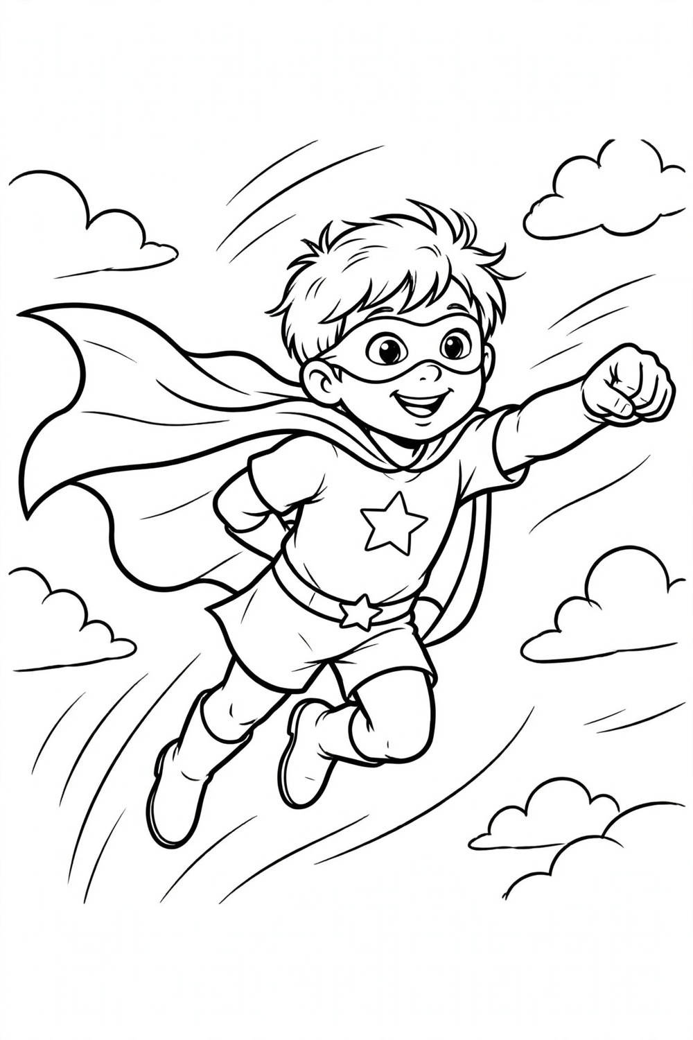 Free printable kid superhero flying coloring page