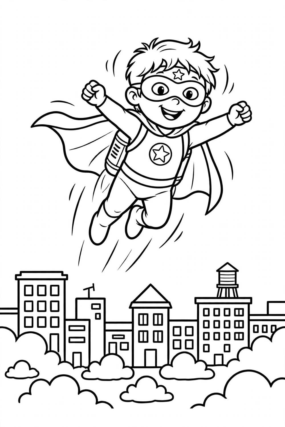 Free printable superhero flying over city coloring page for kids