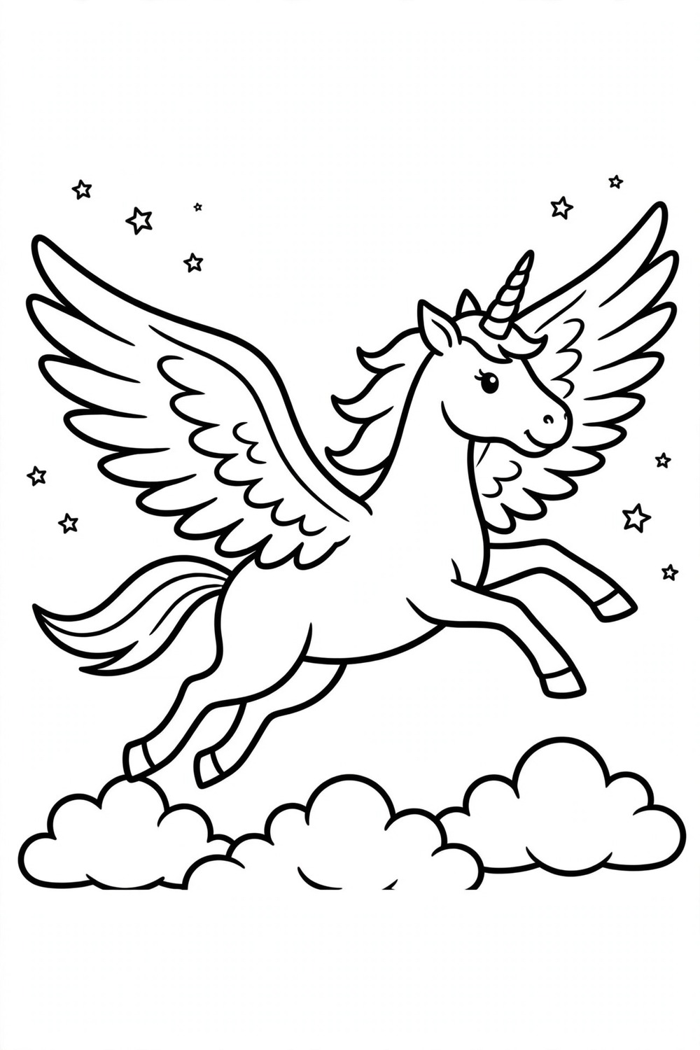 Flying unicorn with wings coloring page, free printable