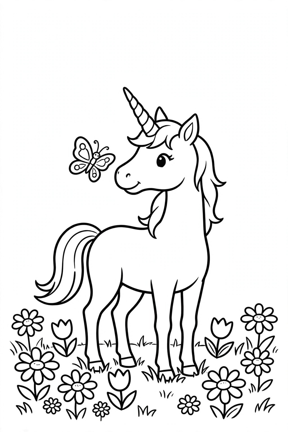 Unicorn with flowers coloring page, free printable for kids