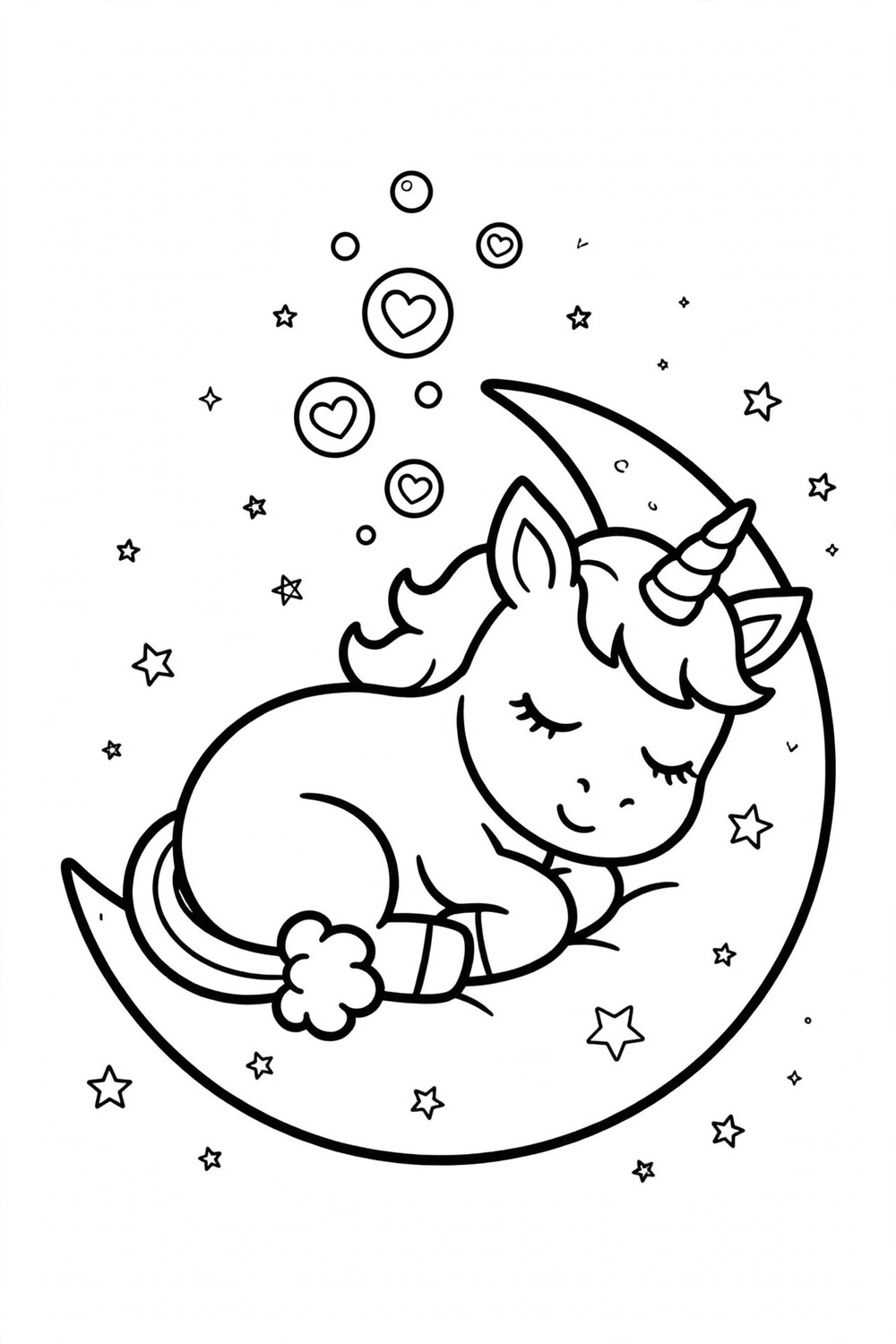 Sleeping unicorn on the moon coloring page, free printable