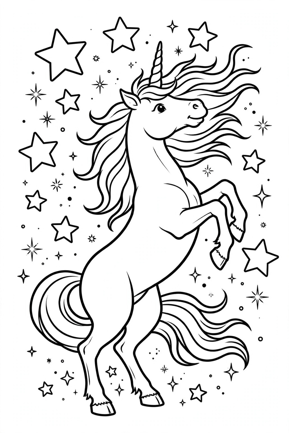 Unicorn and stars coloring page for kids, free printable PDF