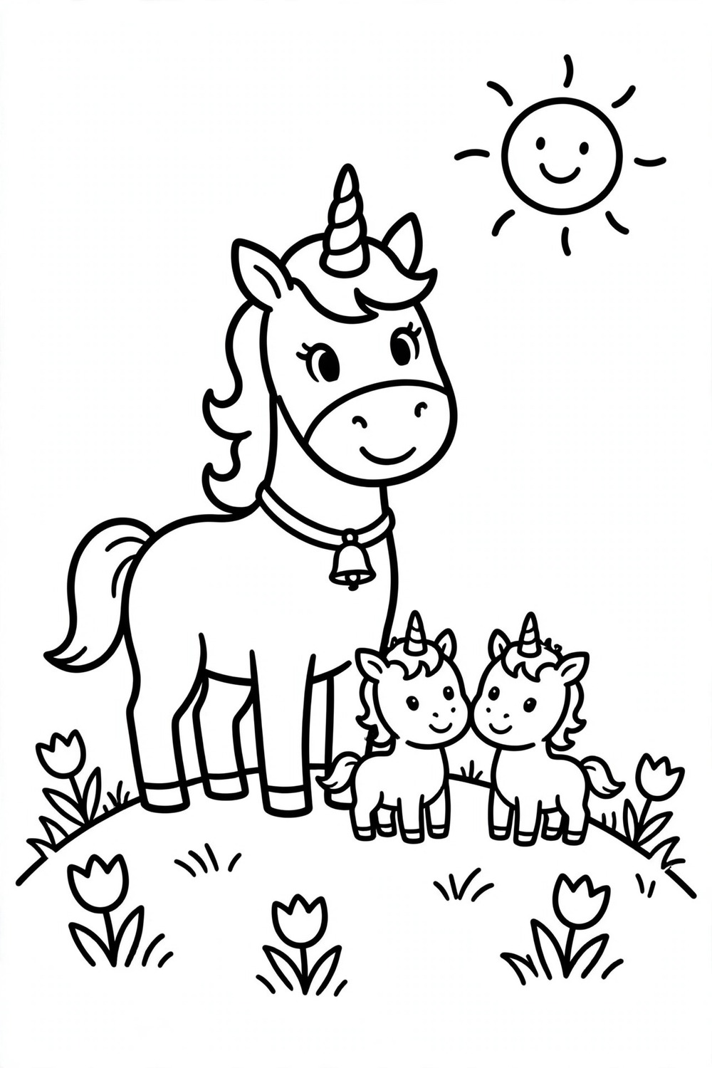 Unicorn family coloring page for kids, free printable