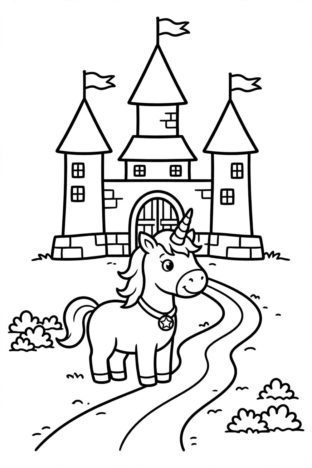 Unicorn castle coloring page for kids, free printable PDF