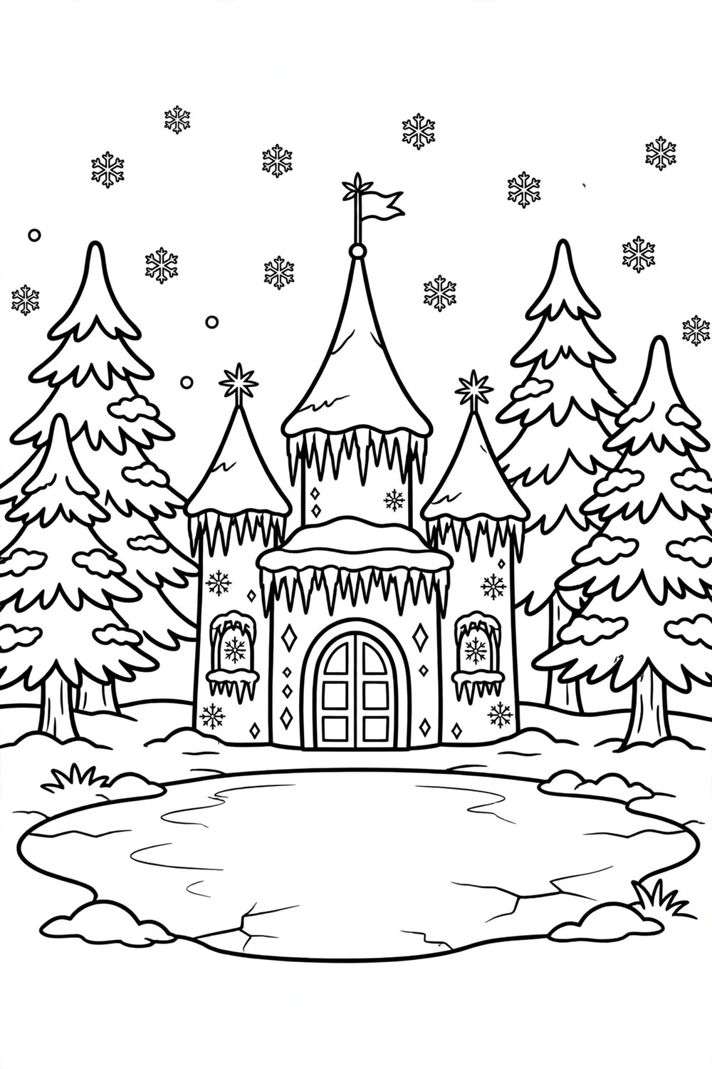 Free printable frozen lake palace winter coloring page for kids