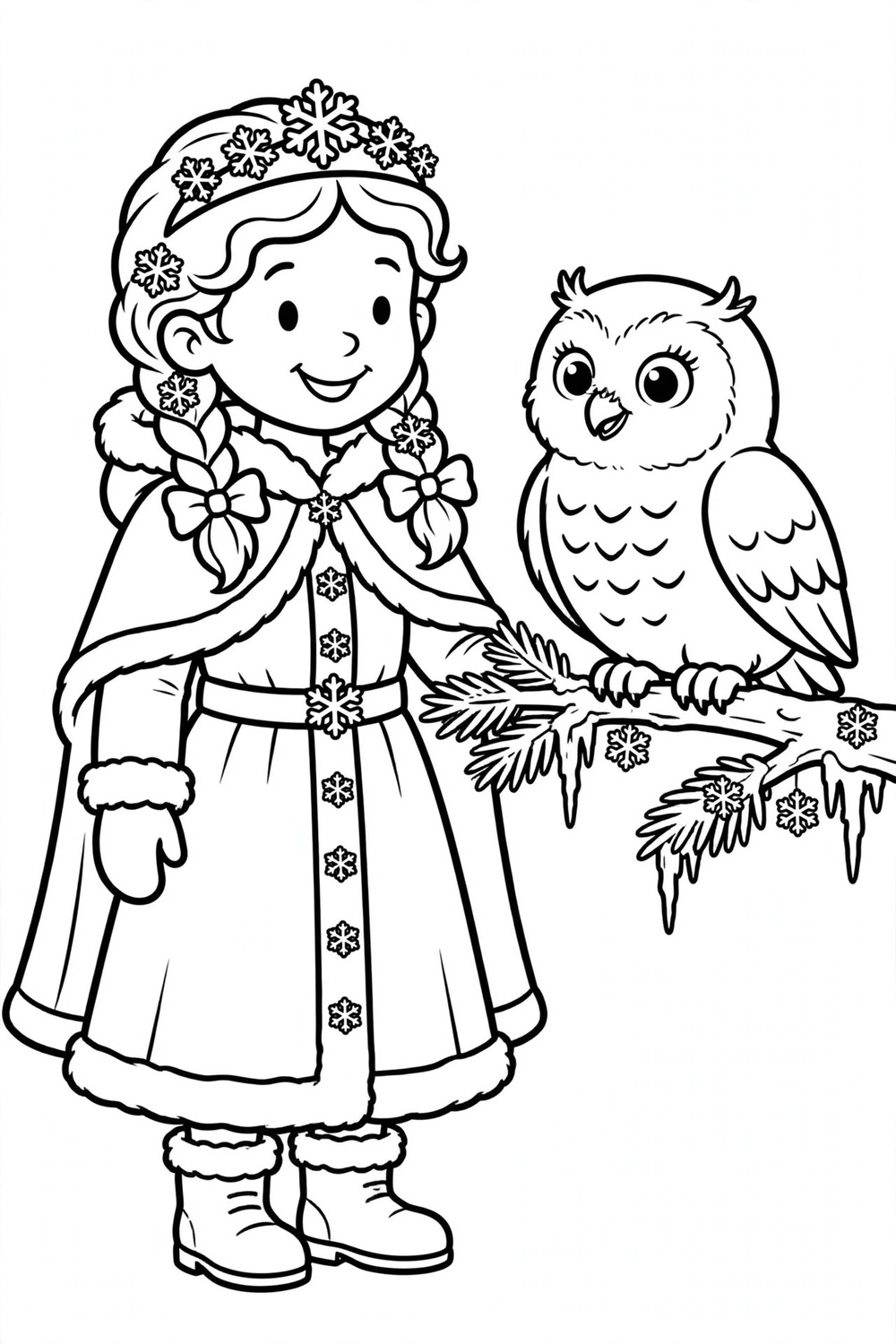 Free printable winter princess and owl coloring page for kids