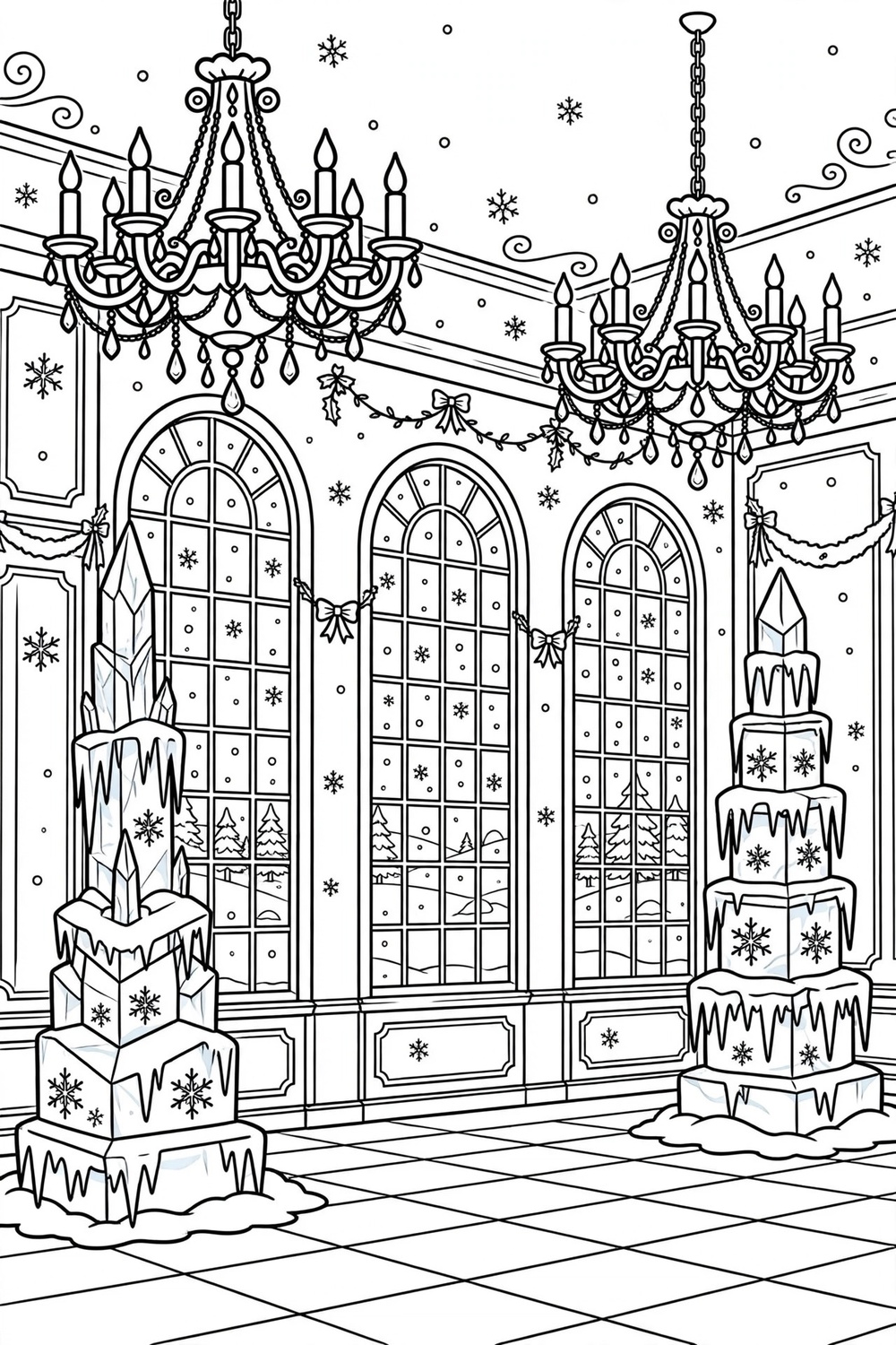 Free printable snowy ballroom winter coloring page for kids