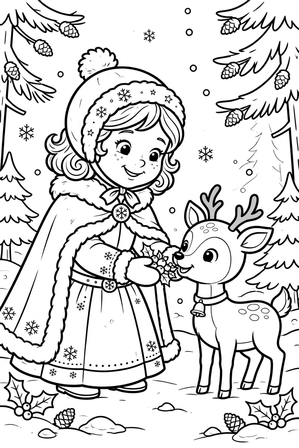Free printable winter princess and deer coloring page for kids