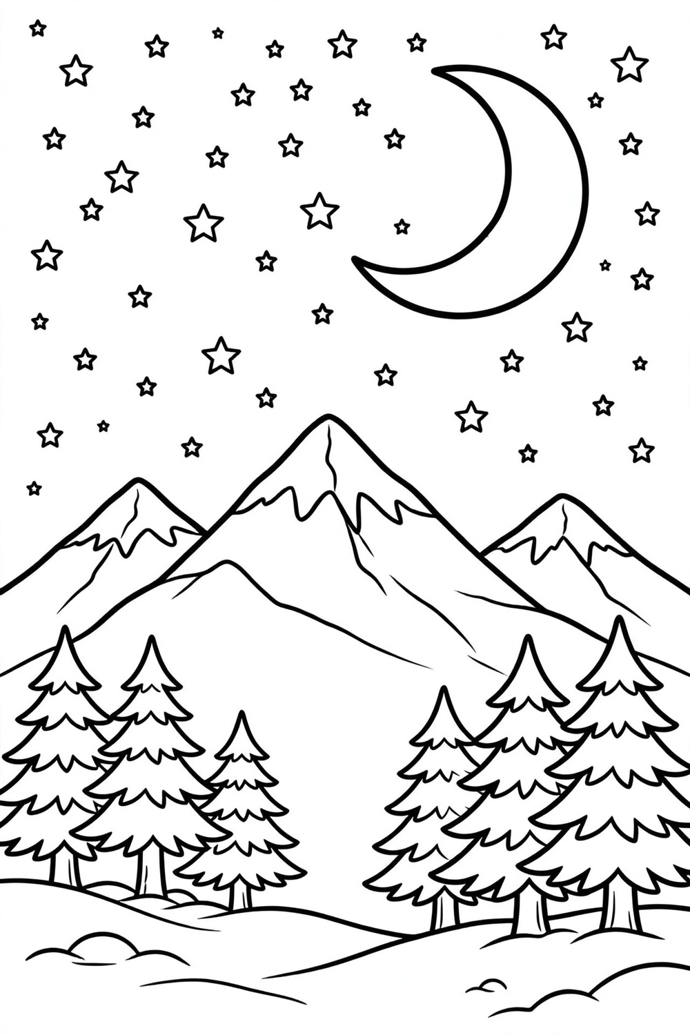Free printable starry winter night coloring page for kids