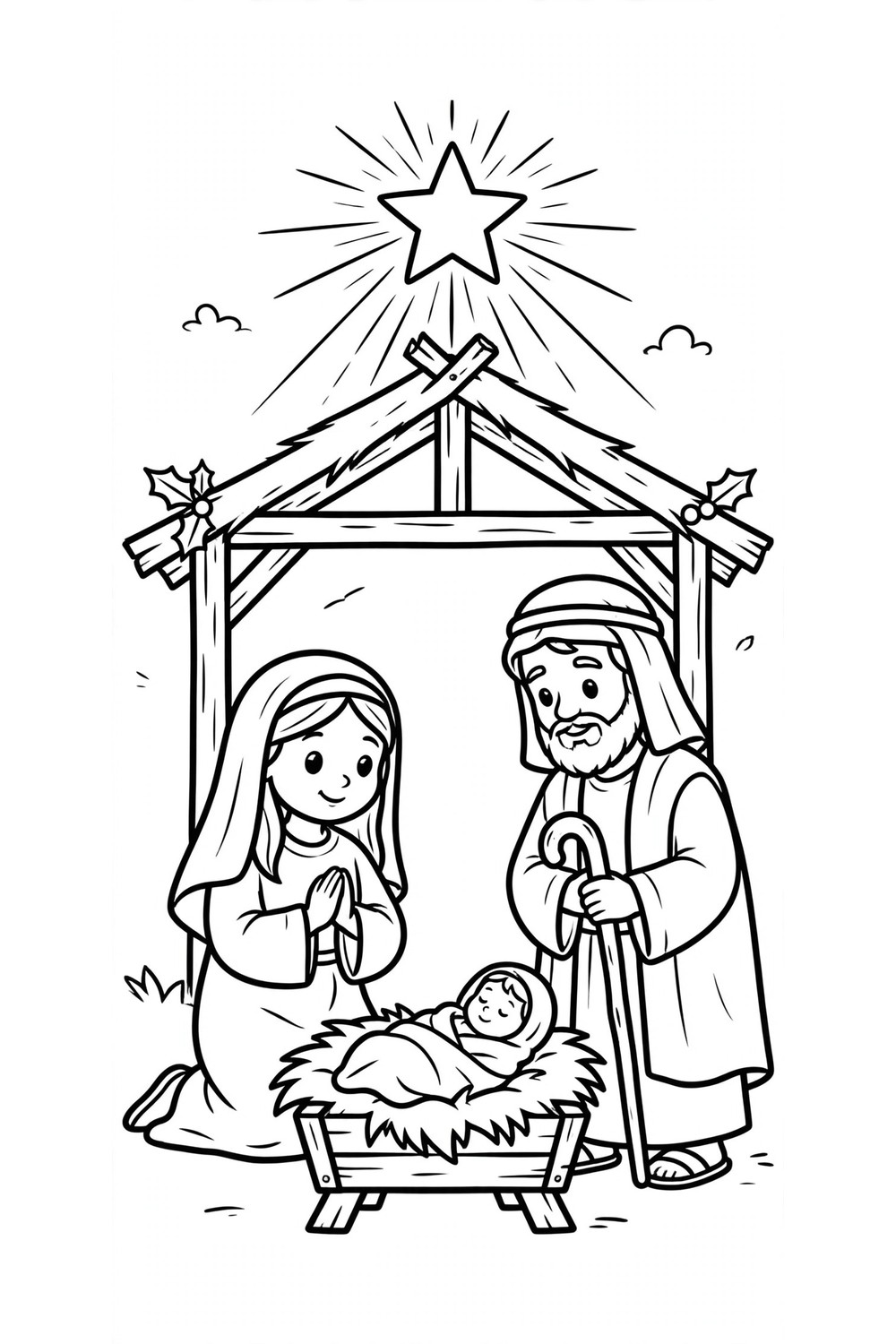 Free printable nativity scene coloring page for kids